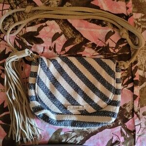 Toms Blue And Cream Crossbody With Suede Strap And Tassel